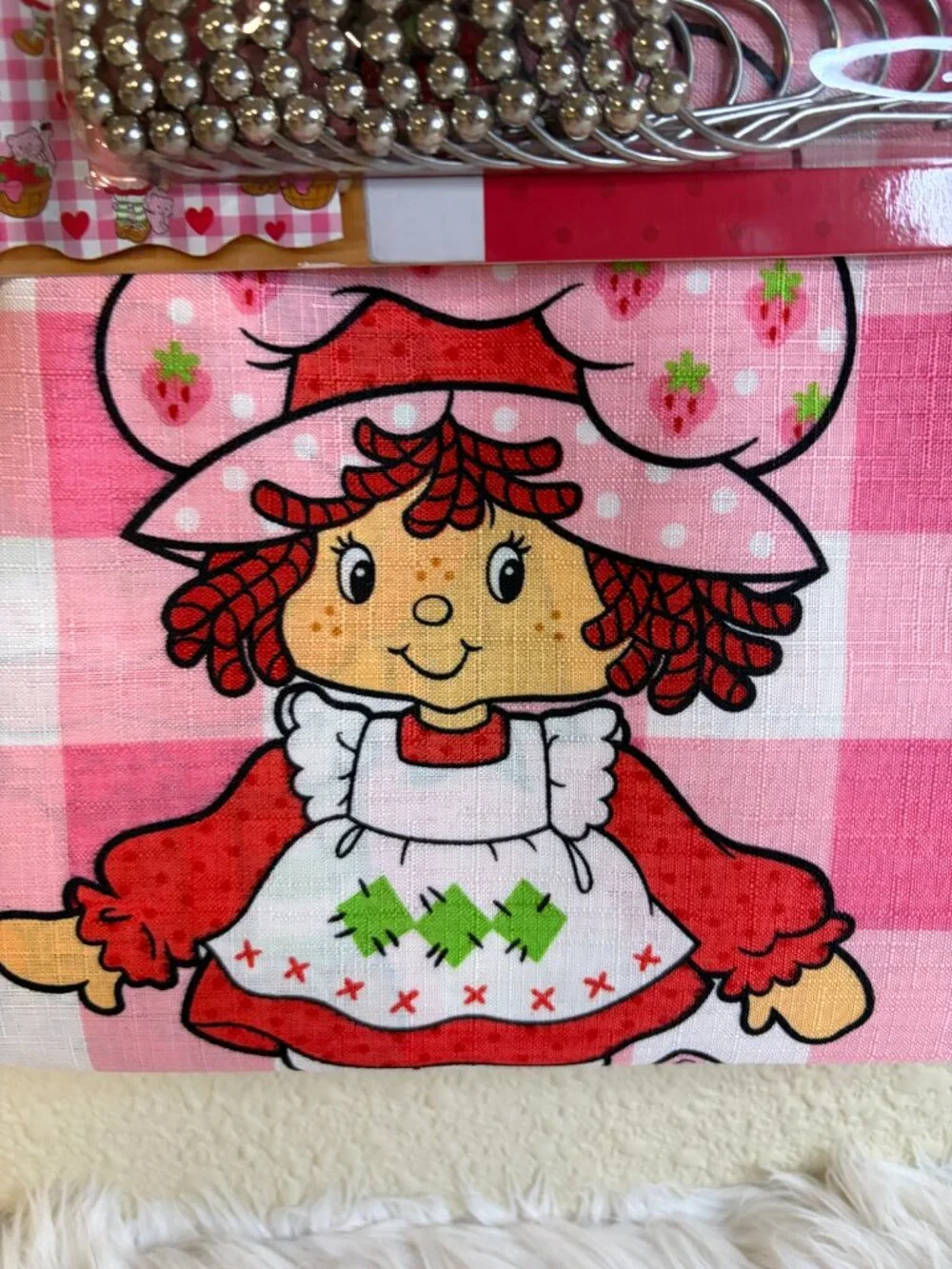 Strawberry Shortcake Shower Curtain Set Pink Gingham Hearts 72x72 NWT